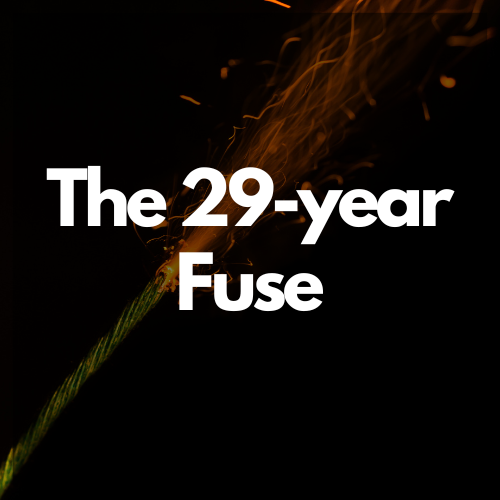 The words "29-year Fuse" superimposed over an image of a lit fuse.