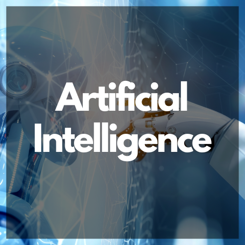 The words "artificial intelligence" over an image of two robots touching.