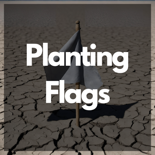 Planing flags. Wite text over an image of a gray flag planted in dry ground.